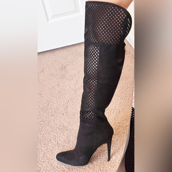 NIB Black Laser-cut Faux Suede Over The Knee Boots - Picture 2 of 12